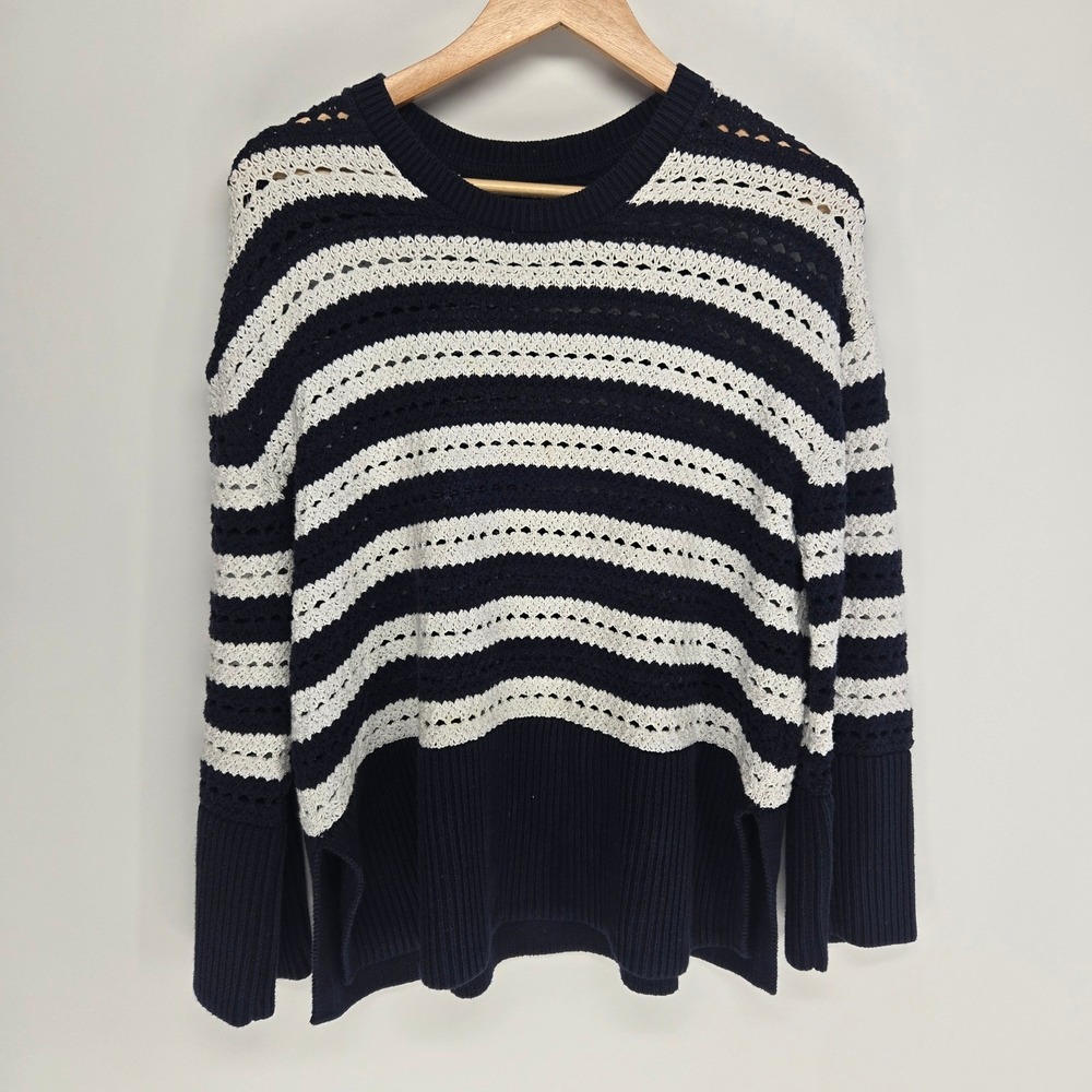 GAP Womens Navy White Striped‎ Crochet Cotton Knit Sweater Side Slit Size M